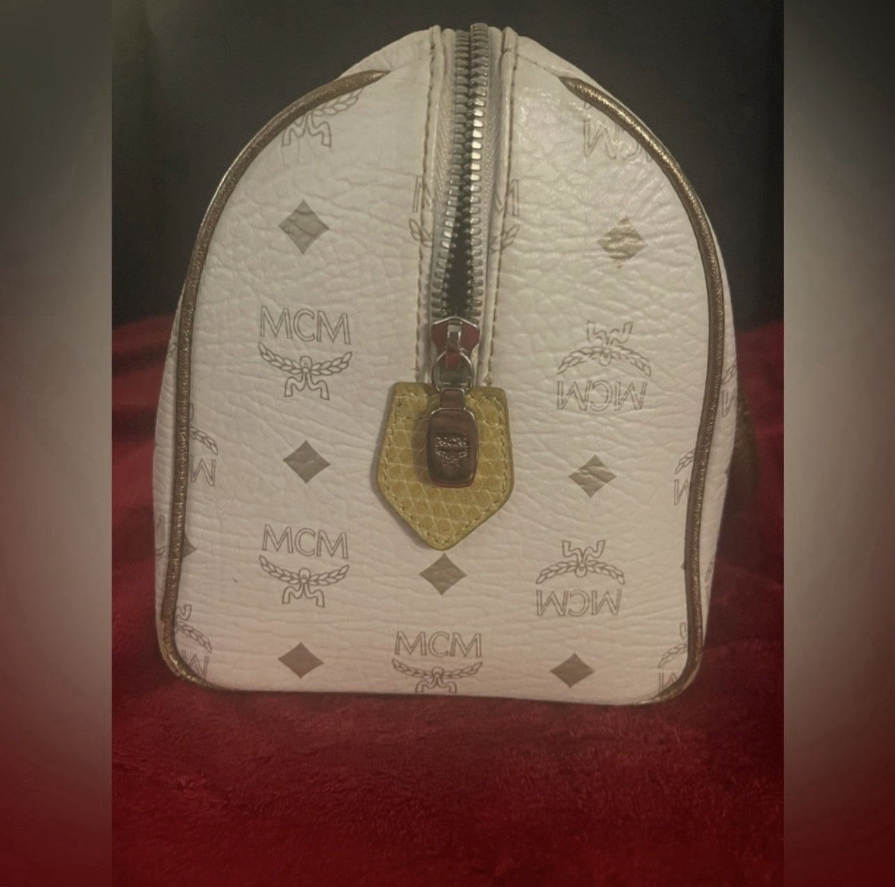MCM Visetos Leather White Boston Bag Monogram Satchel Top Handle Zip Closure