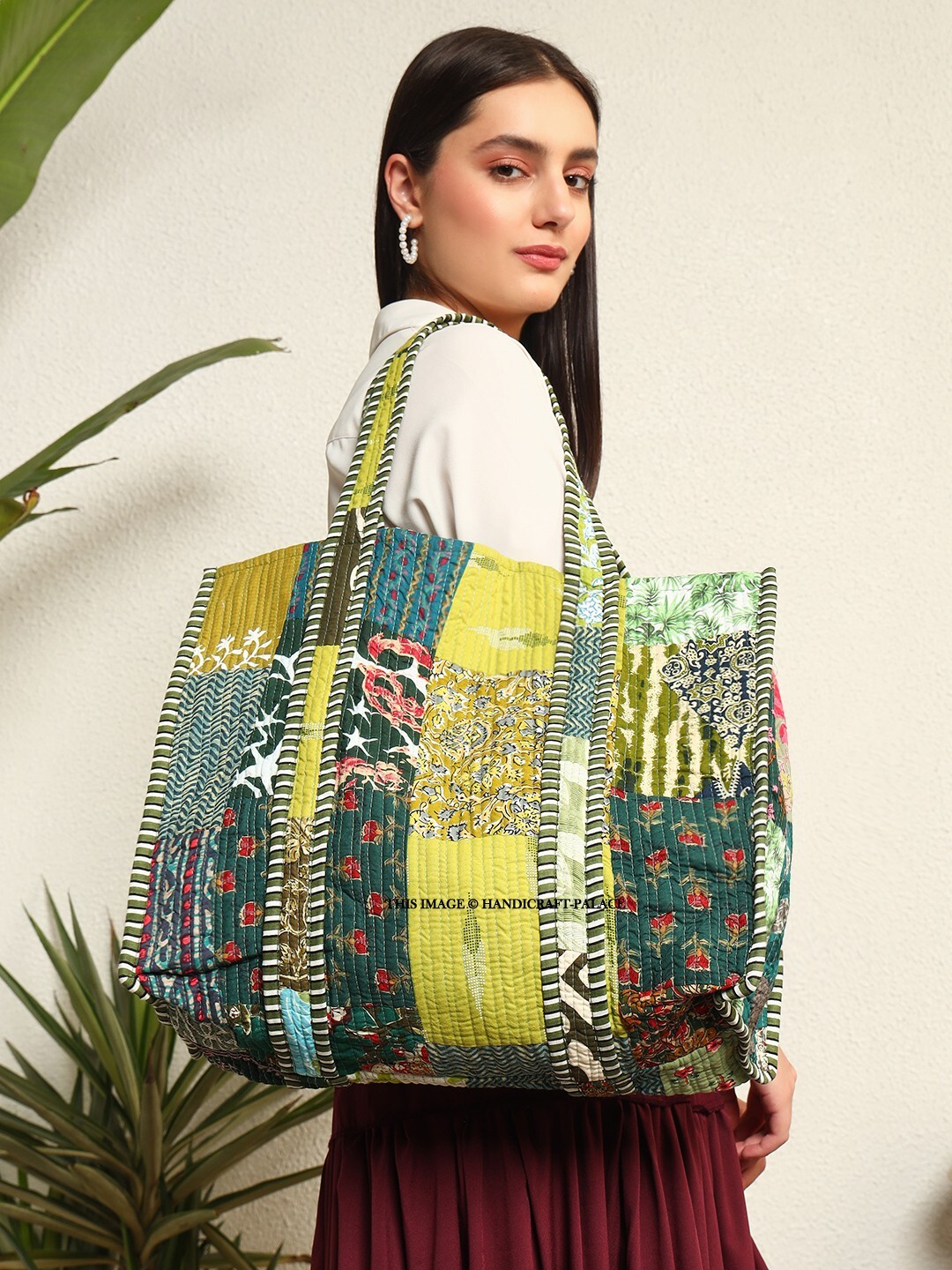 Indian Green Patchwork Quilted Shoulder Bag Women’s Beach Cotton Tote Handbag