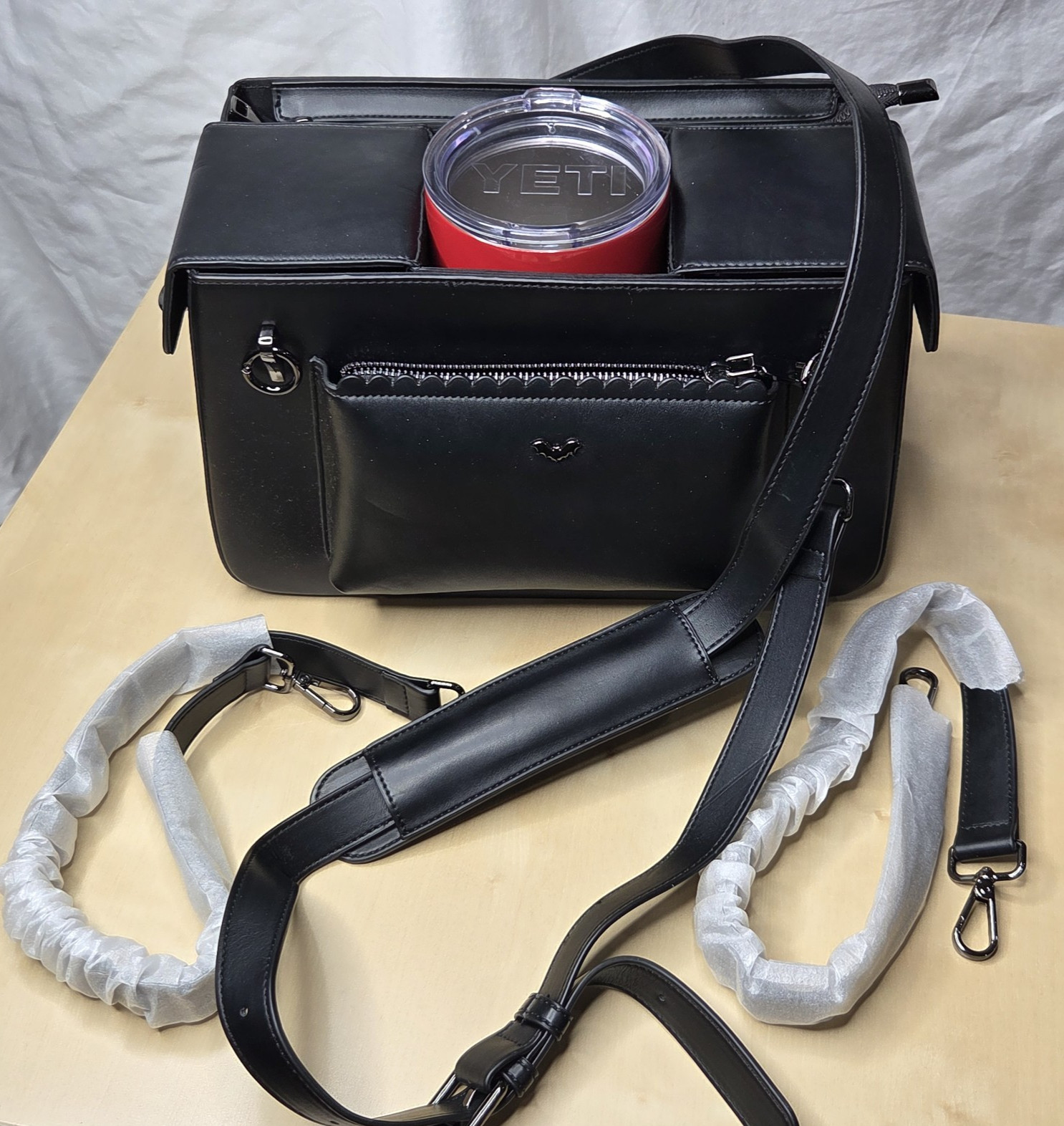 Kate Gabrielle Black Double Cup Holder Vegan Leather Crossbody Satchel Bat Bag