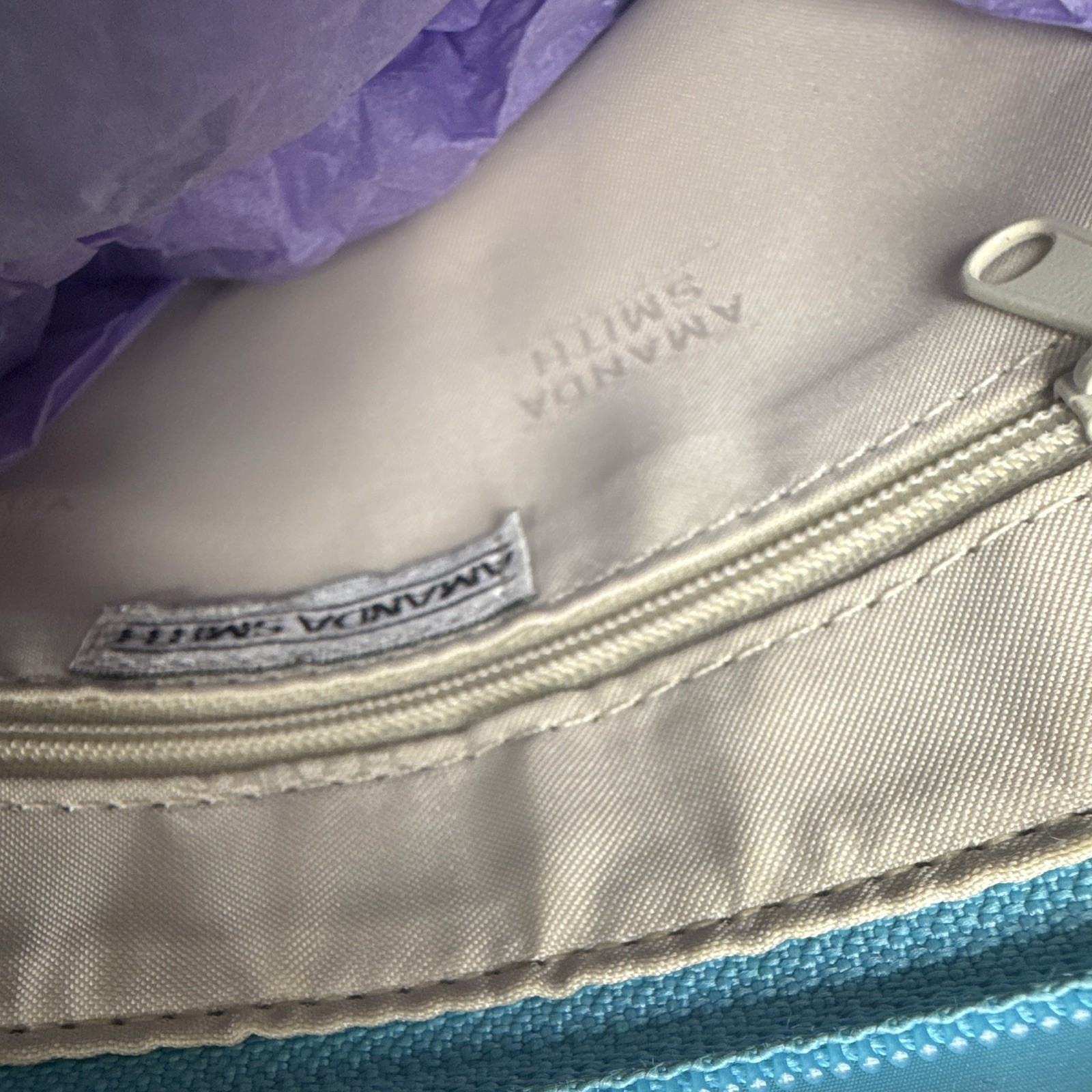 Amanda Smith Blue Solid Tote Bag Double Handles Zip Top Lined Inner Pockets