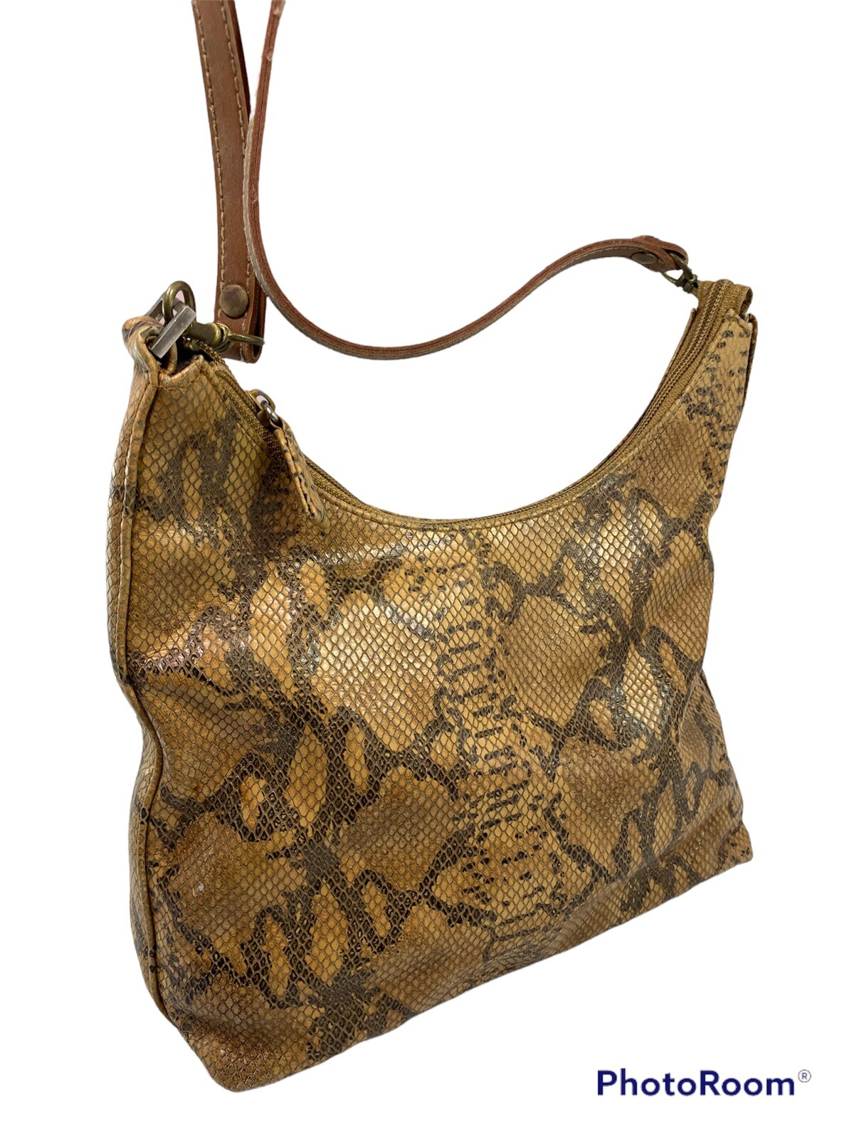 Tignanello Crossbody Snake Print Leather Camel/Black Color Lined Pockets 8x10x3