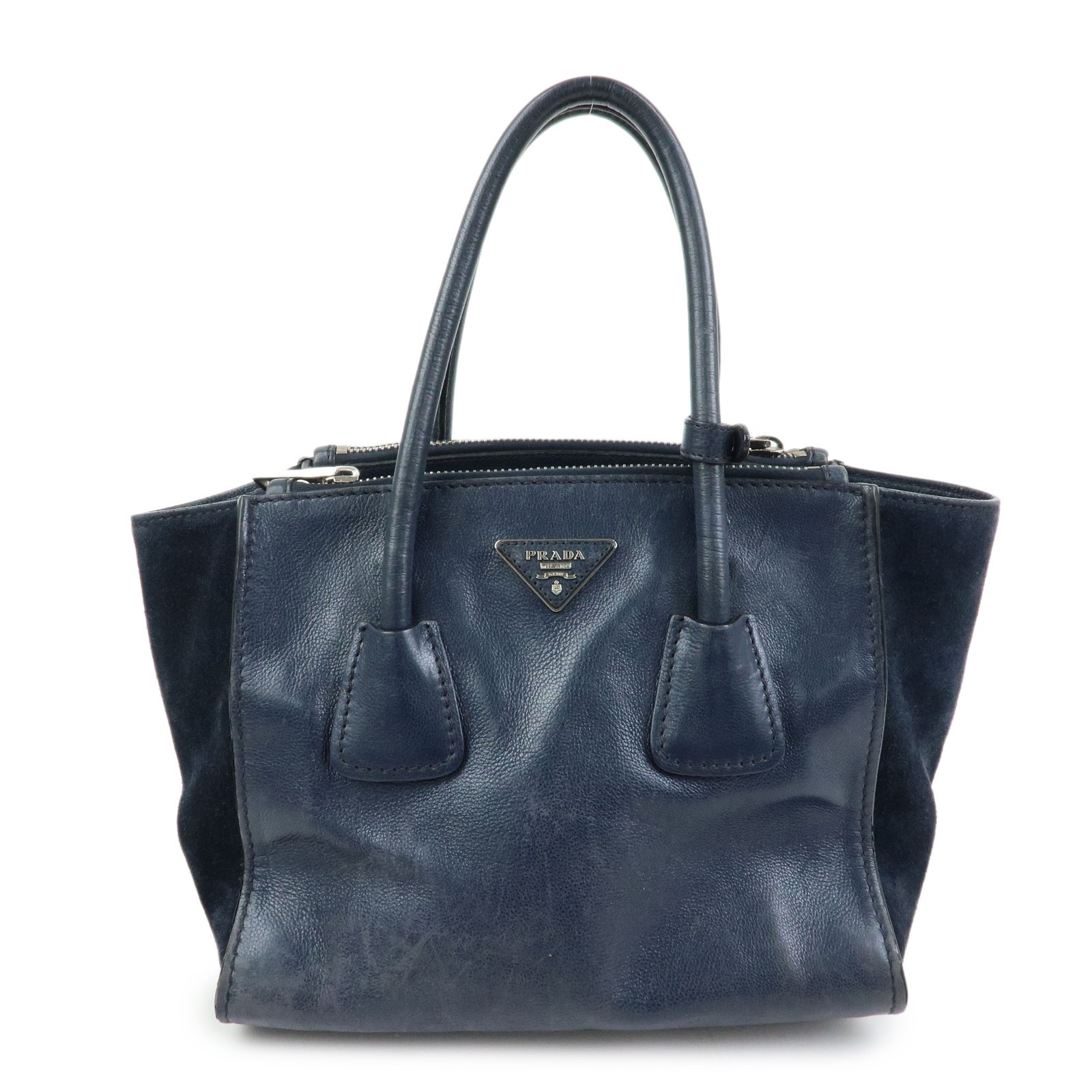 PRADA Triangle Logo Leather 2Way Bag Tote Bag Hand Bag Navy B2625M Auth Used F/S