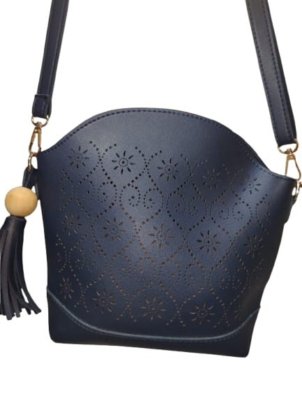 Women’s Blue Laser Cut Crossbody Shoulder Bag Faux Leather Tassel Purse