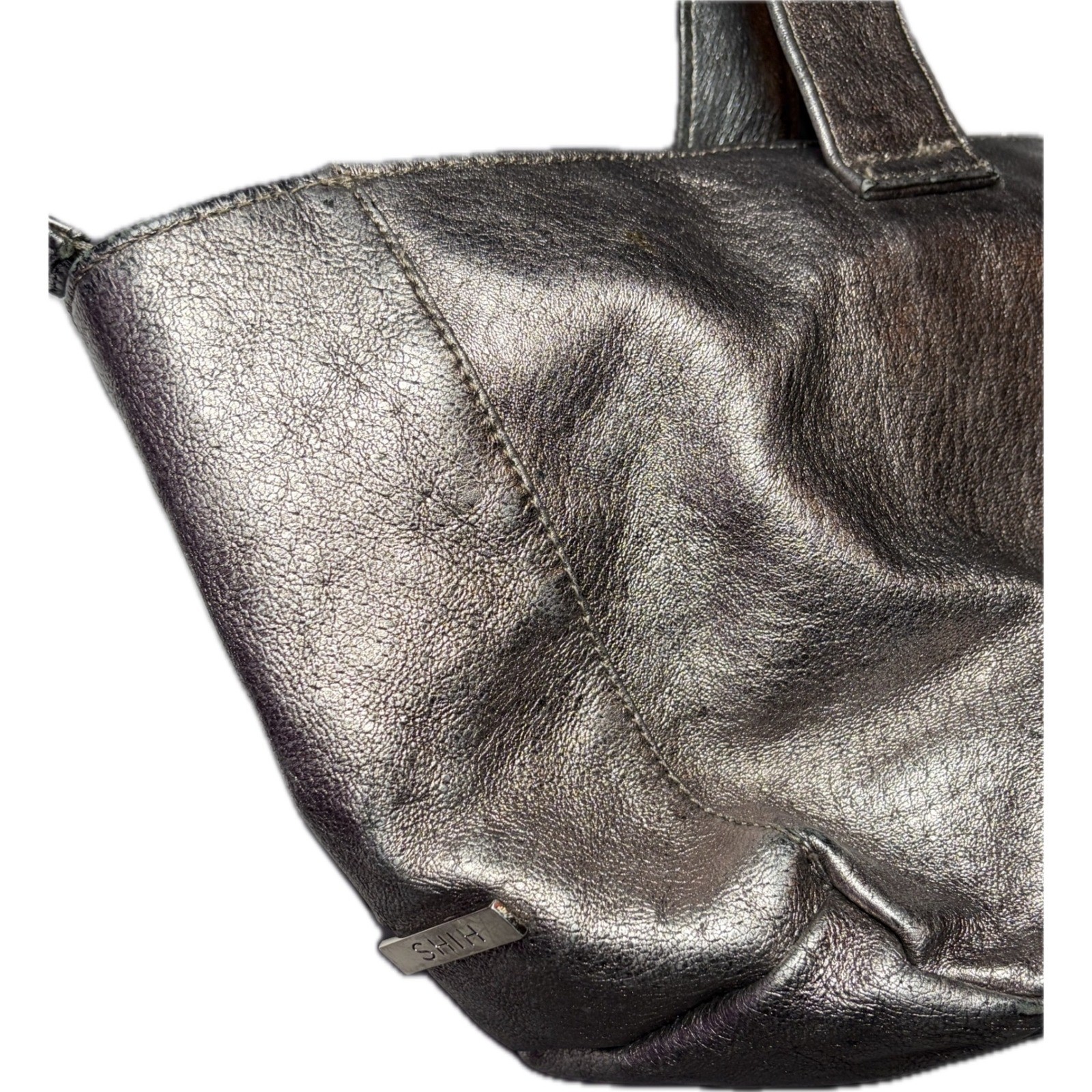 Vtg Y2K Shih Metallic Silver Leather Bag Cyberpunk Goth Punk Rock Grunge STAINED