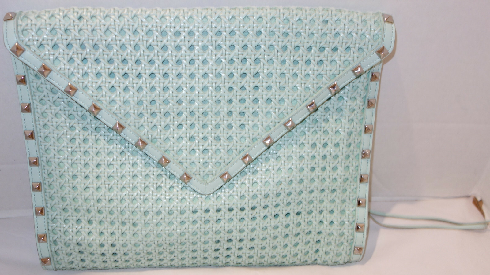 REBECCA MINKOFF Leather Mint Green Large Envelope Silver Studded Clutch Purse