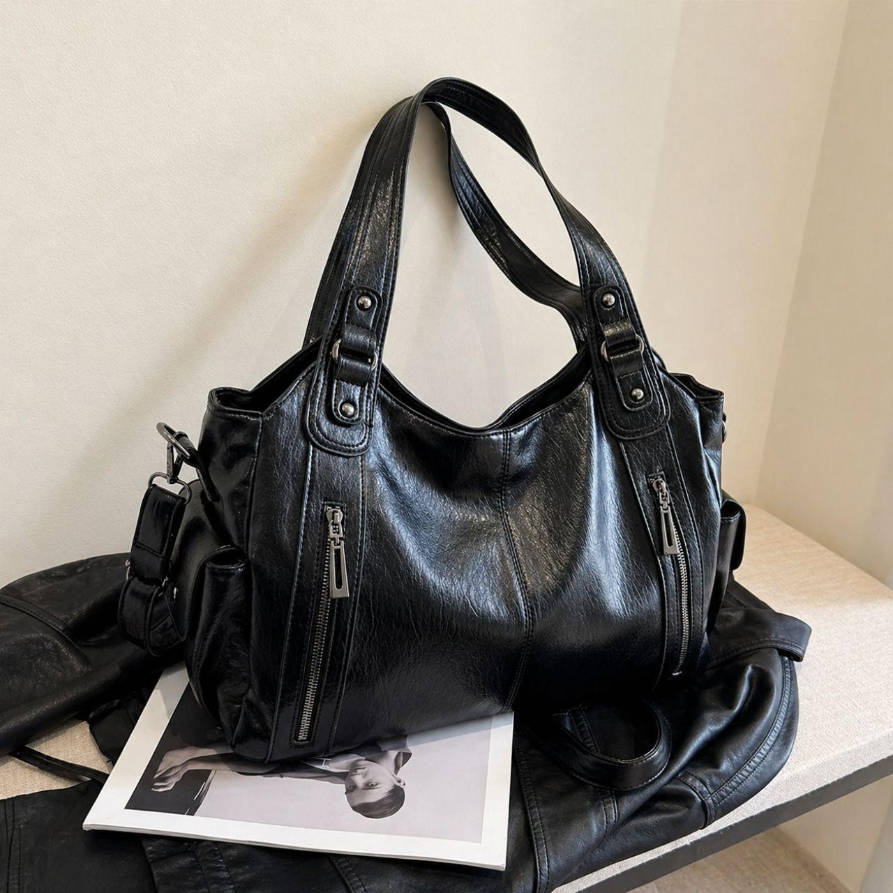 Large Black Leather Tote Bag Y2K Soft Shoulder Bag Hobo Satchel Hand Bag
