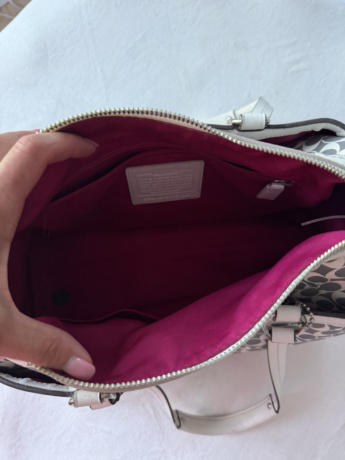 Coach Signature Logo Satchel Top Handle Bag Gray White Pink Stripe Zip Medium