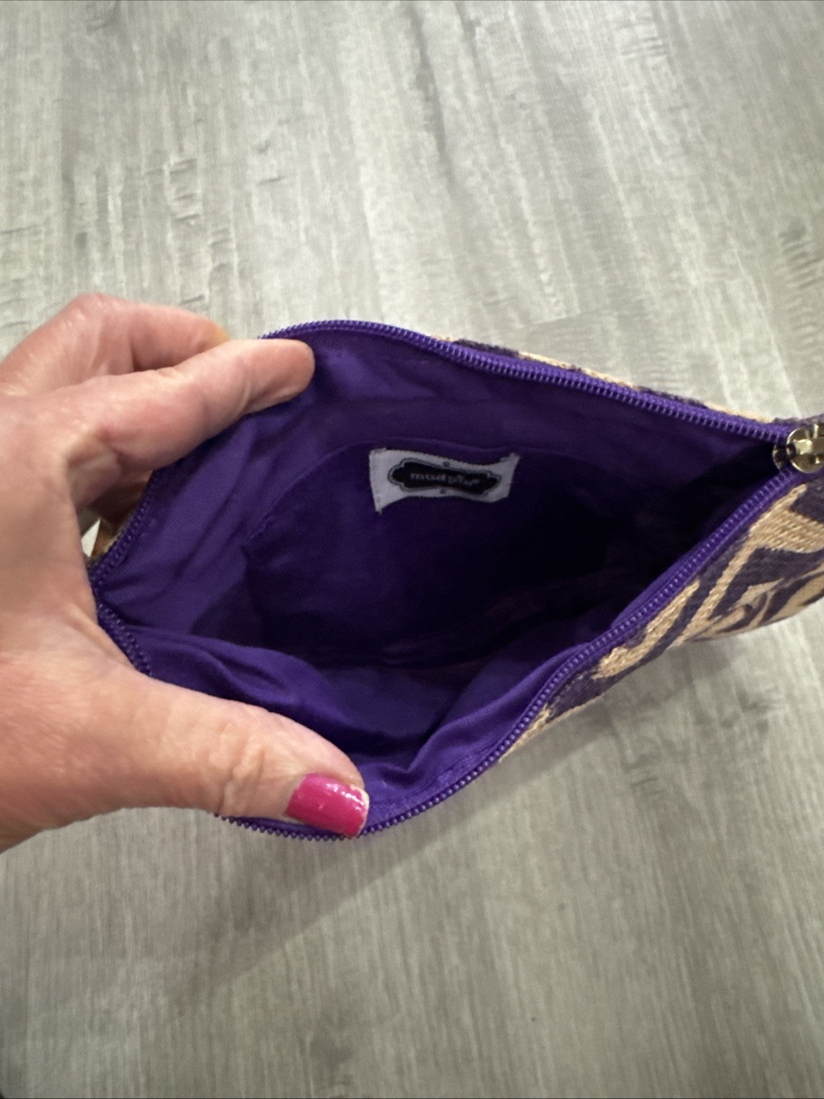 Mud Pie Purple Greek Key Jute Burlap Ring Handle Clutch Bag Geometric Boho