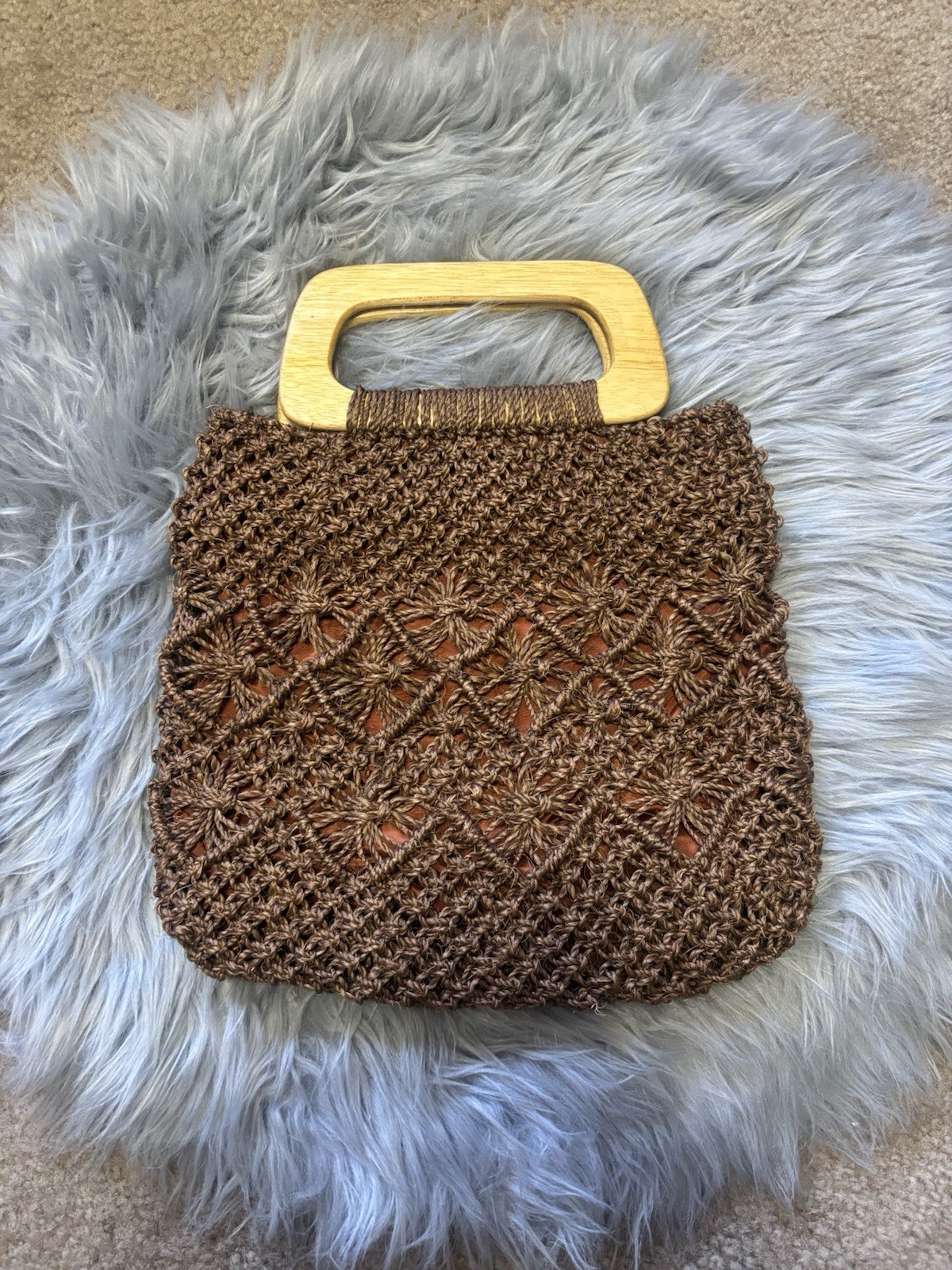 Vintage Macrame Straw Bag with Wood Handles – Made in Guatemala Boho Tote