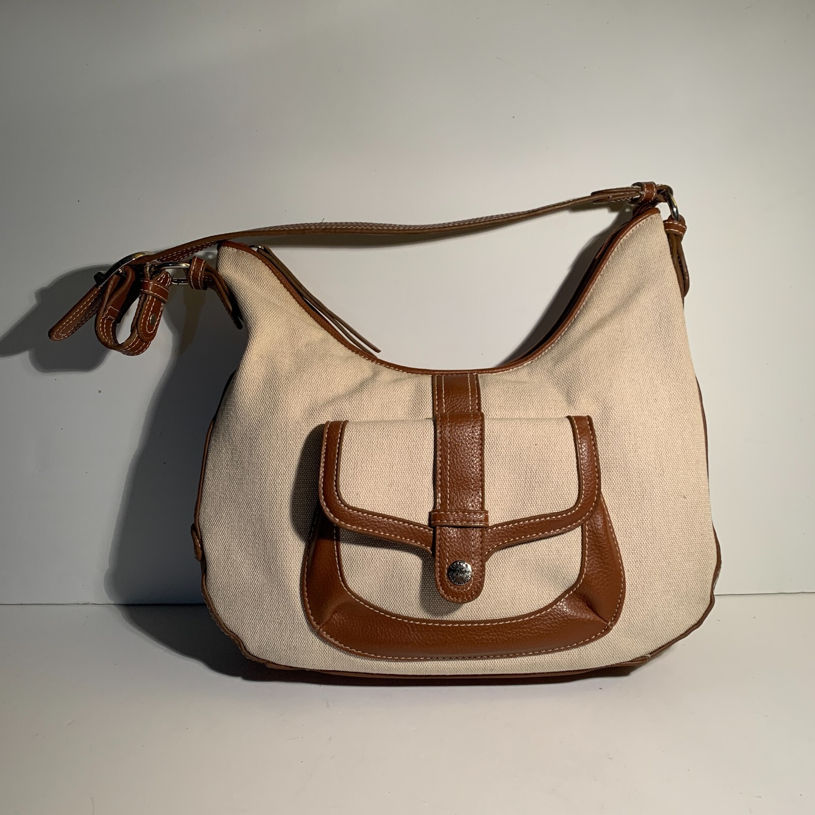 Stone Mountain Shoulder Bag Canvas Pleather Hobo Baguette Tan Brown Bottom Studs