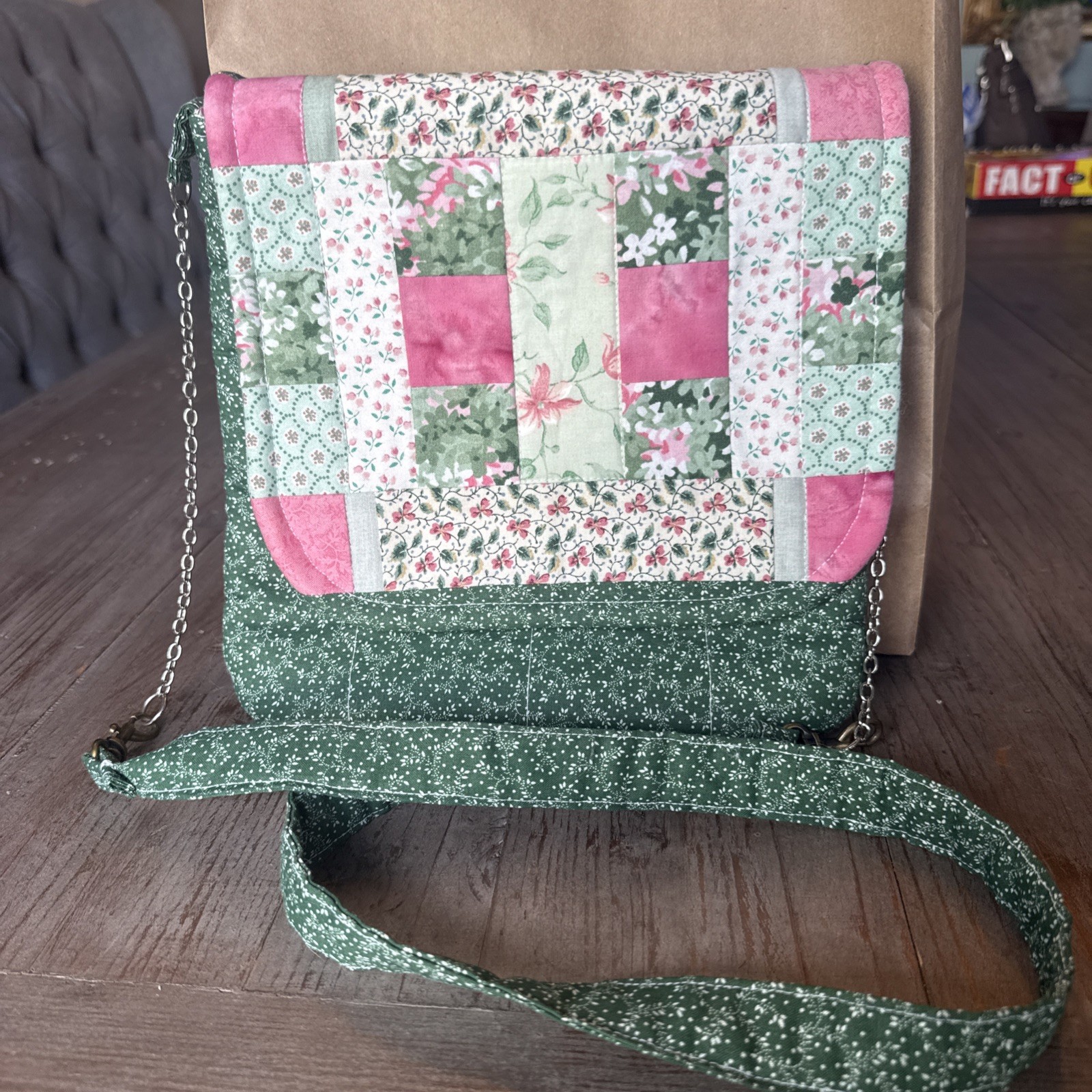 Homemade Quilted Cottage Core Cross Body Bag W/ Chain And Fabric Strap And Snap