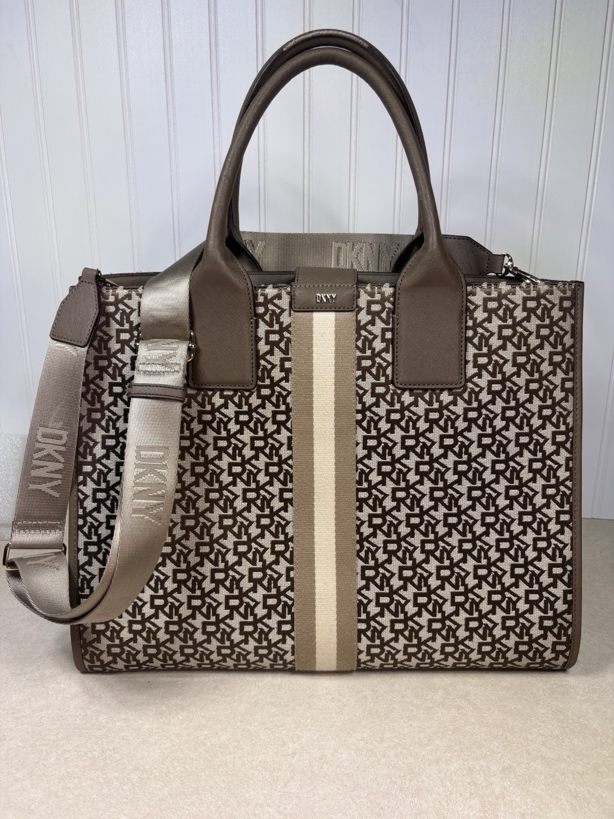 DKNY Carlita Book Tote + Shoulder Strap Purse Bag Monogram Embroidered