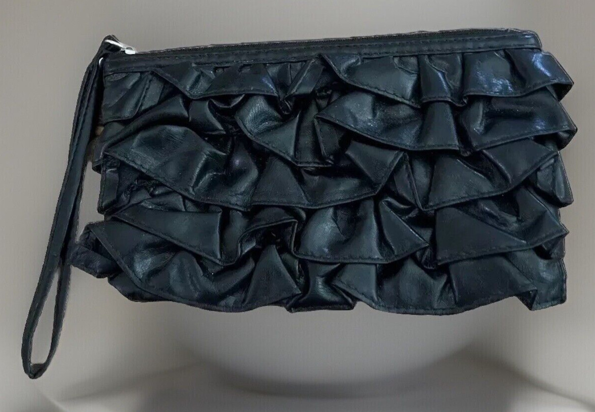 Super Cute Light Weight Un-Branded All Black Ruffled Zipper Hand Clutch Hand Bag