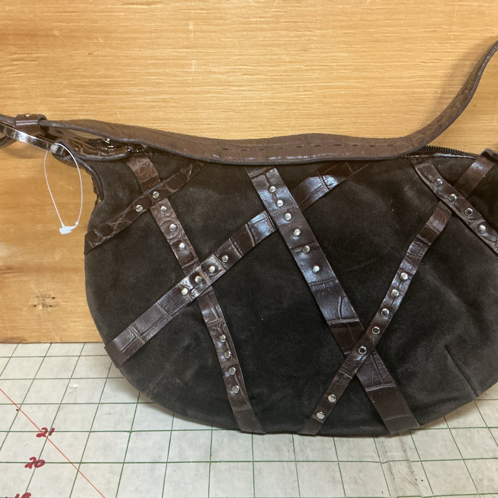 DONALD J. PLINER Dark-Brown Suede w/ Cross StrIp Leather Hobo Bag Size S