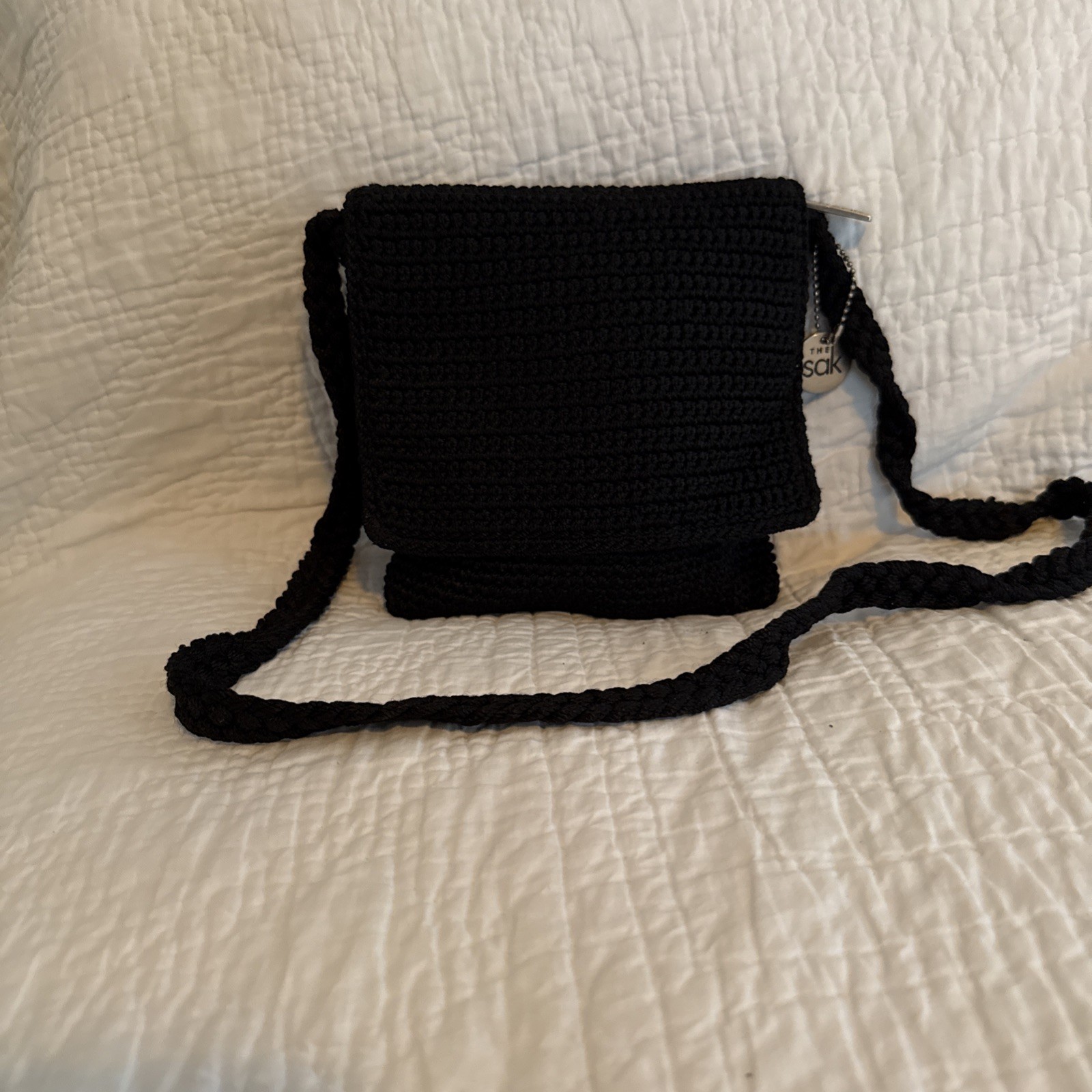 The Sak Black Crochet Mini Bag Crossbody Shoulder Purse Silver Accessories