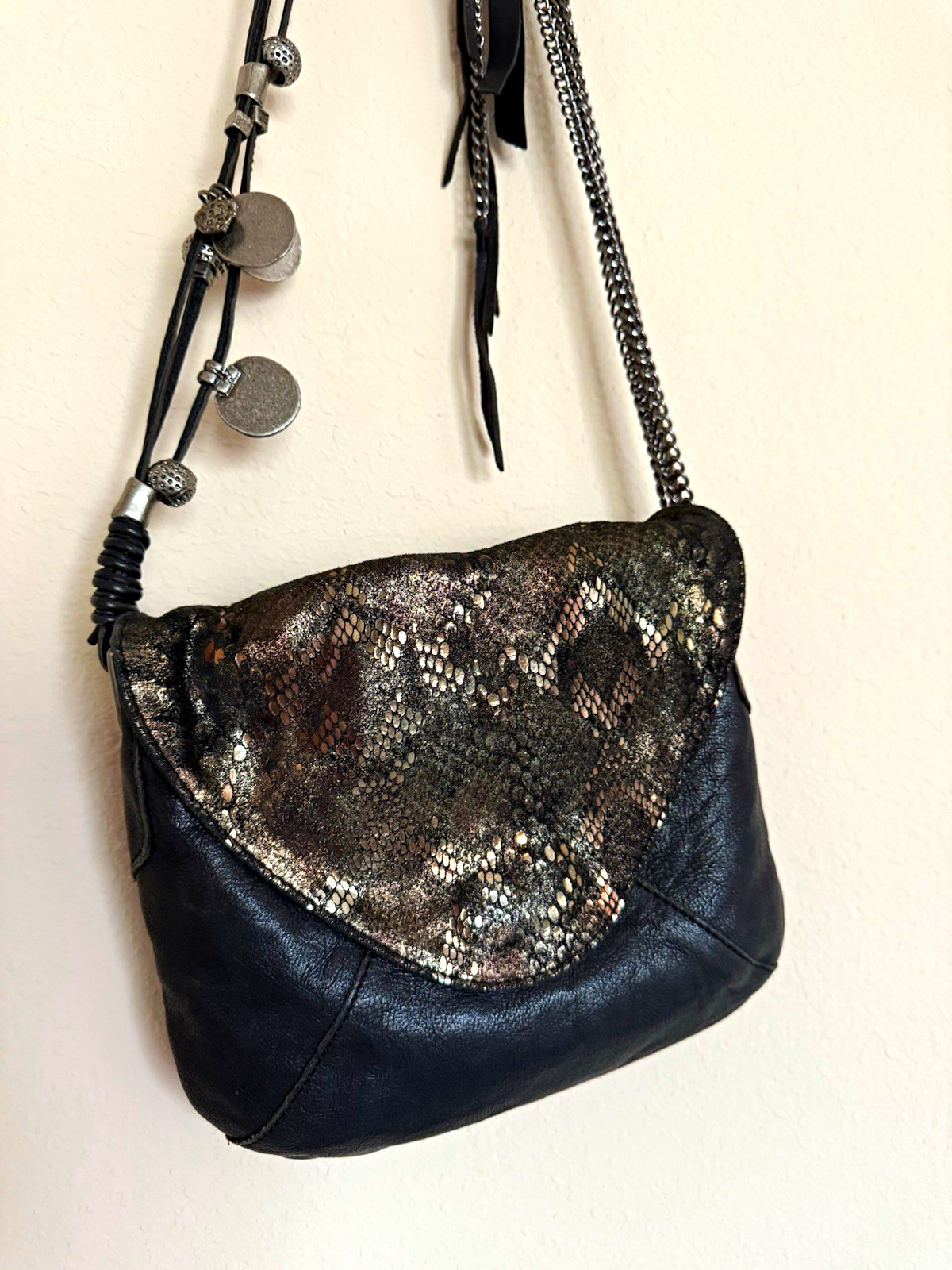 TYLIE MALIBU Black Snake Print Flap Crossbody Bag Chain Strap Bag Charm