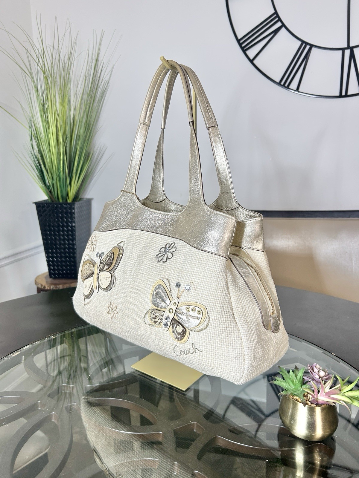 Vintage Coach Lexi Woven Straw Butterfly Tote Metallic Gold Leather Bag F16584