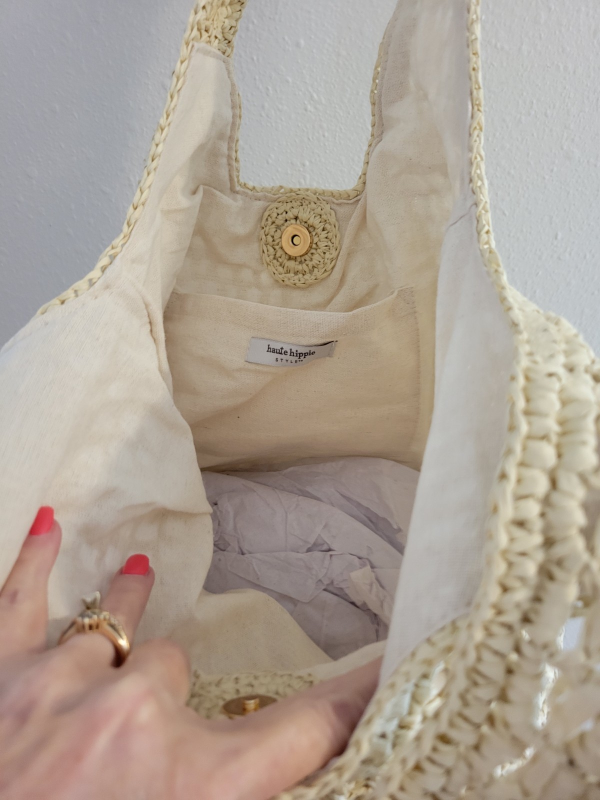 Haute Hippie Beige Crochet Shoulder Bag Gold Hardware Snap Closure Lined Pockets