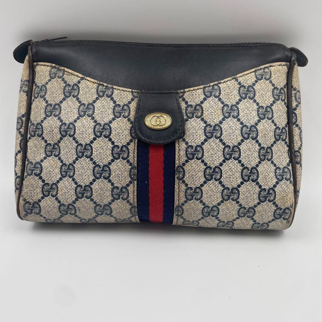 Vintage GUCCI Sherry GG clutch bag PVC leather navy authentic