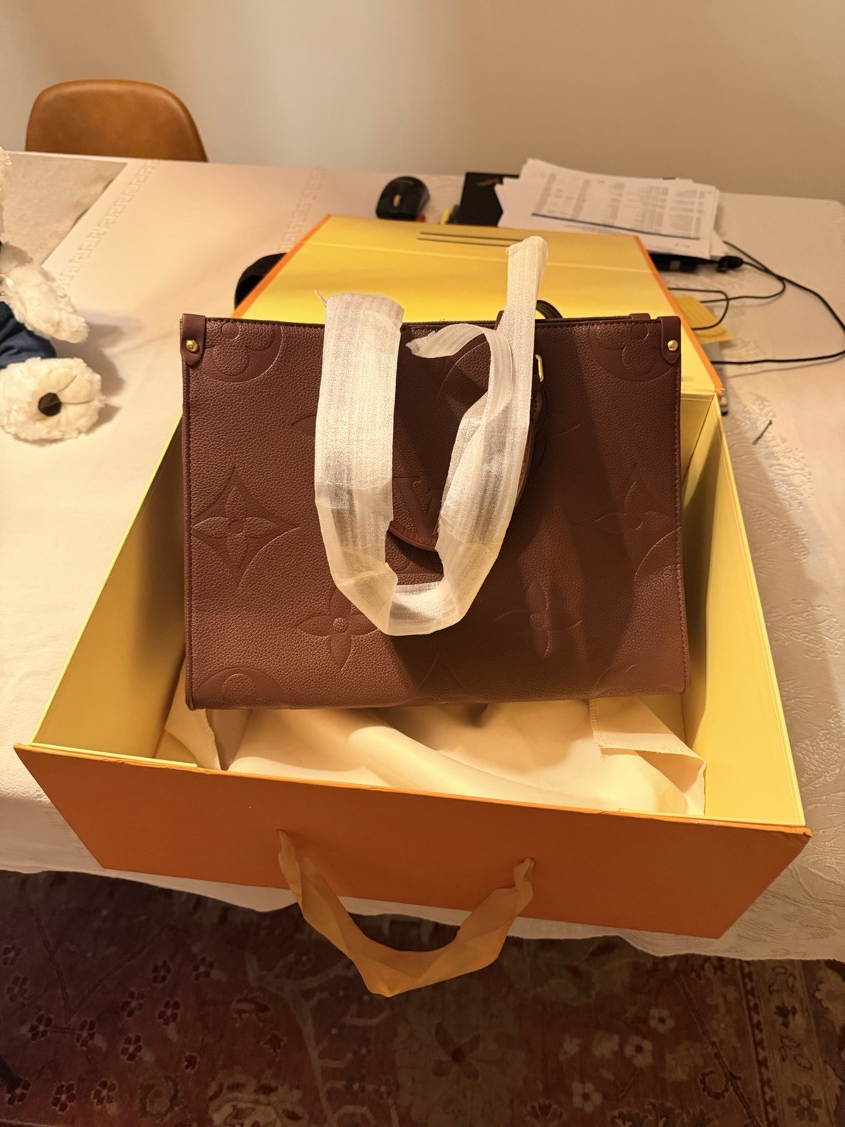 Louis Vuitton OnTheGo Medium Burgundy Monogram Embossed Tote Strap Box