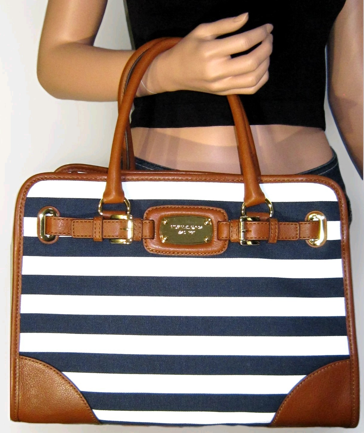 🌞MICHAEL KORS HAMILTON LARGE NAVY BLUE WHITE STRIPE BROWN LEATHER TOTE BAG🌺NWT
