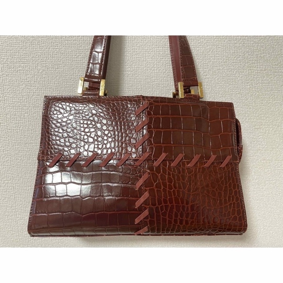 Yves Saint Laurent Handbag croco embossed Bordeaux Size: W:11.6 × H:8.1 in.
