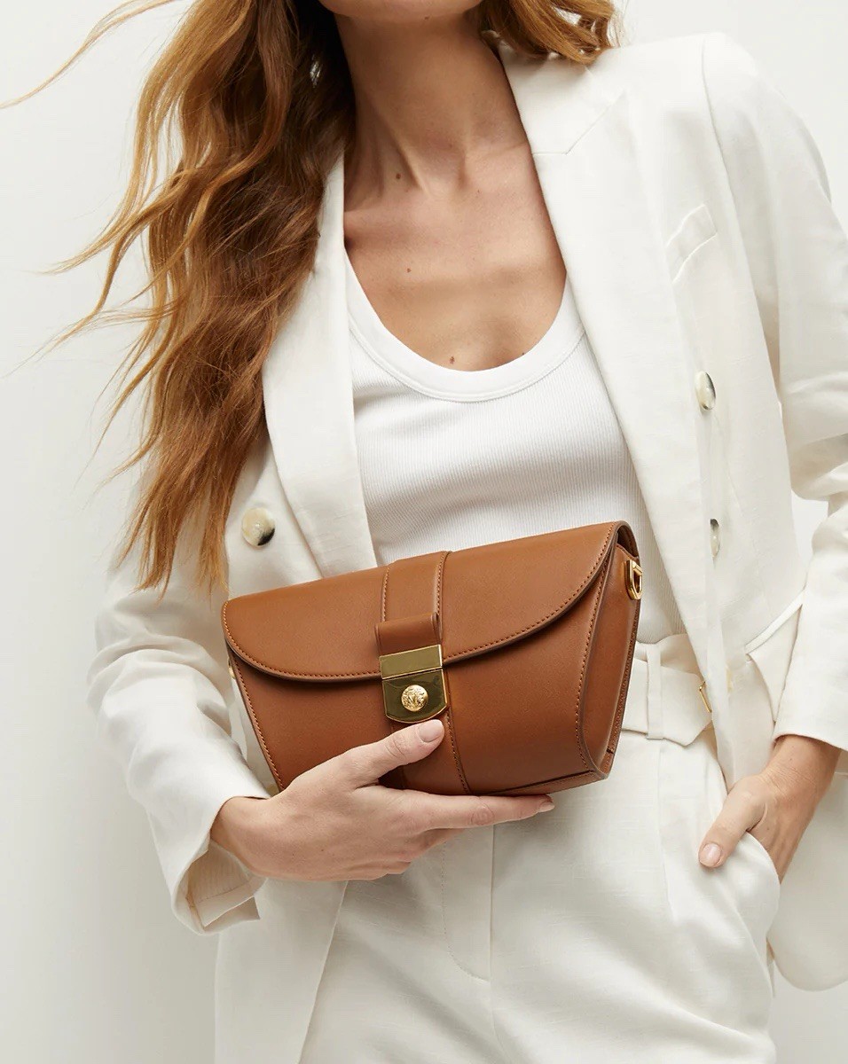 Veronica Beard Small Crest Lock Trap Bag Brown $400