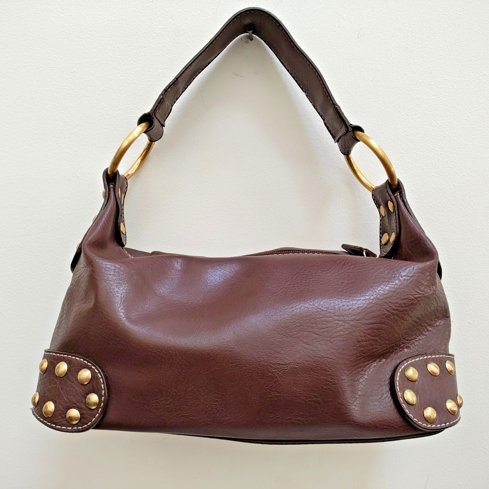 Tommy Hilfiger Handbag VTG Y2K Hobo Zip Chocolate Brown Gold Studs Decor Pockets