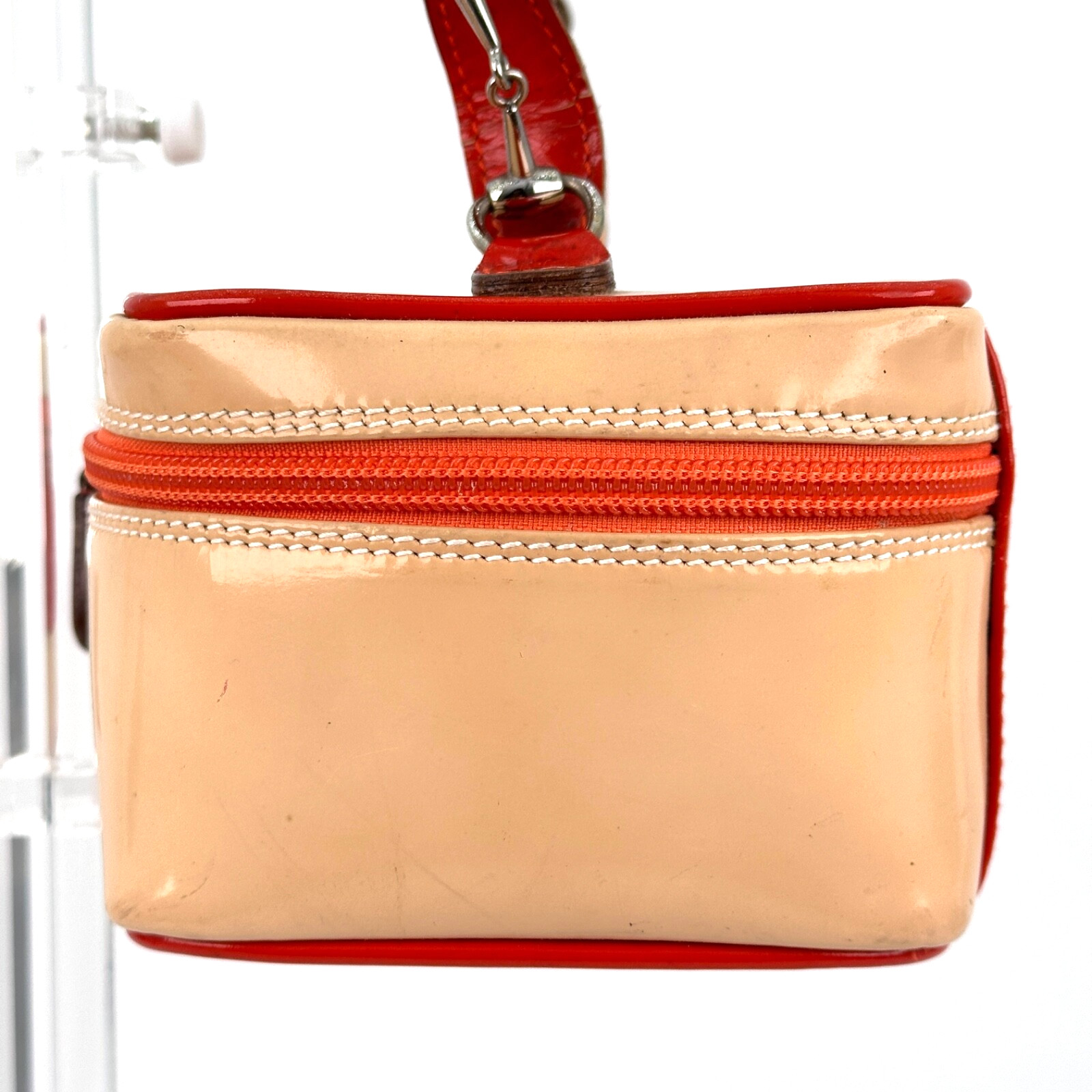 GUCCI Vanity Bag Horsebit Beige Orange Patent Leather Vintage Authentic