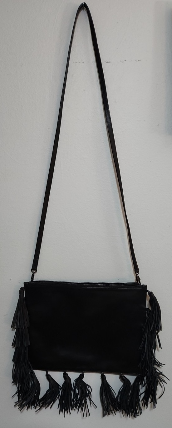 LOEFFLER RANDALL Black Leather Tassel Crossbody Bag 8.75″ x 11″
