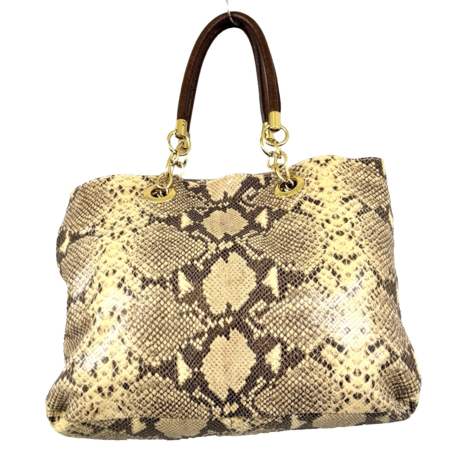 Cynthia Rowley Large Snake Print Leather Tote Handbag Gold Tone Dust Bag