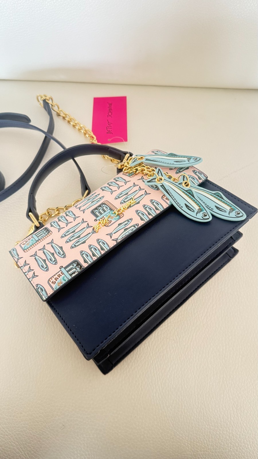 NWT BETSEY JOHNSON XOMYLO2 SATCHEL CROSSBODY BAG NAVY W SARDINE CHARM KEYFOB