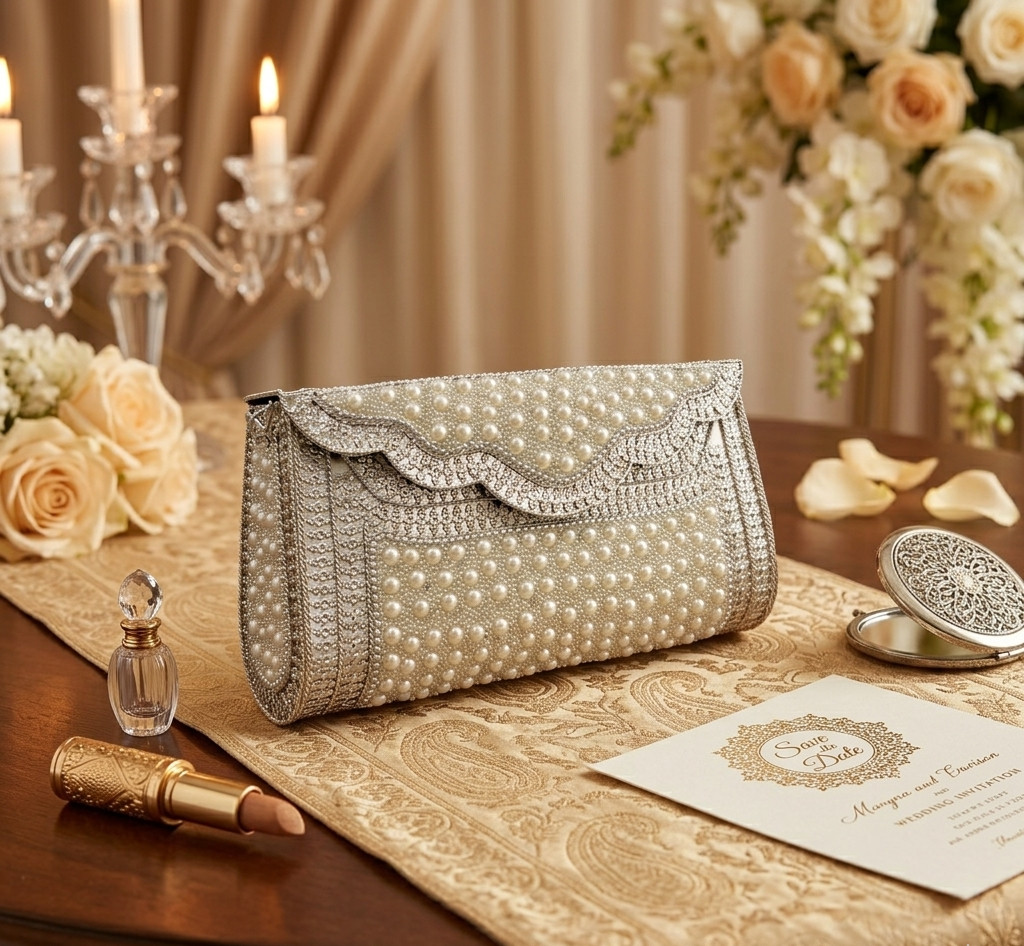 Pearl Embellished Bridal Clutch Purse Women Wedding Evening Bag Silver Handbag