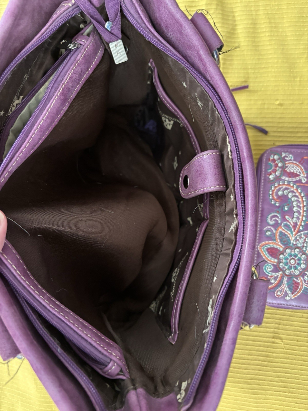 Bling Purple Paisley Embroidered Studded Tote Bag Zip Closure w/ Wristlet