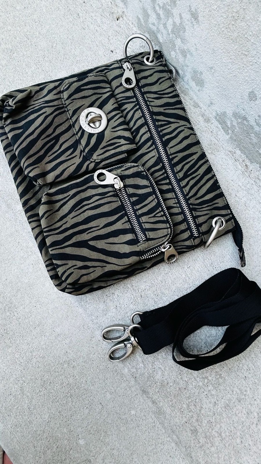 Baggallini Zebra Print Olive Green Nylon Multi-Pocket Crossbody Bag