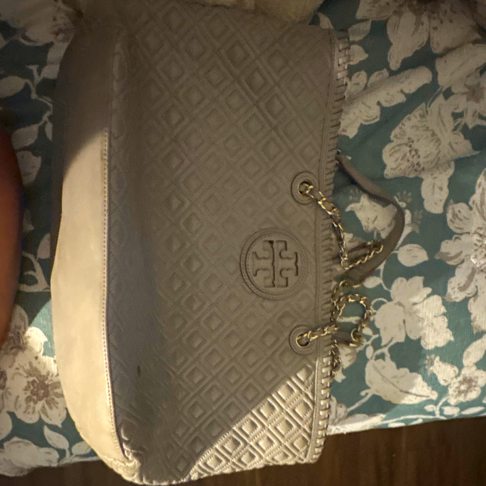 Tory Burch Gray Quilted Logo Shoulder Bag with Silver Chain Strap Hardware