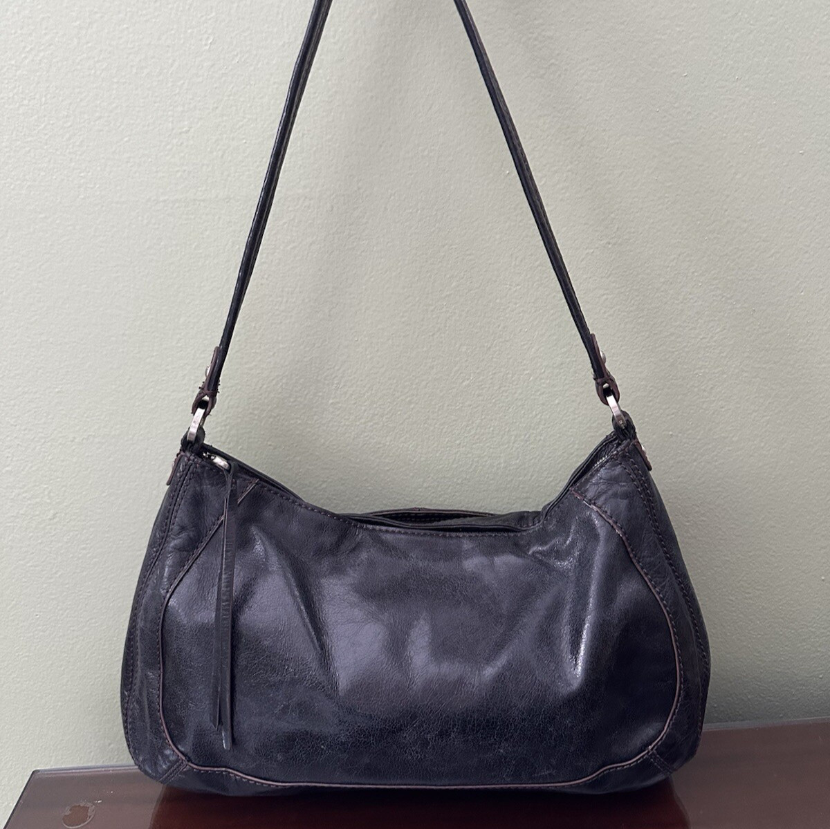 VTG Y2K Leather Hobo Zip Top Shoulder Bag Purse Dark Gray Black Brown Stitching