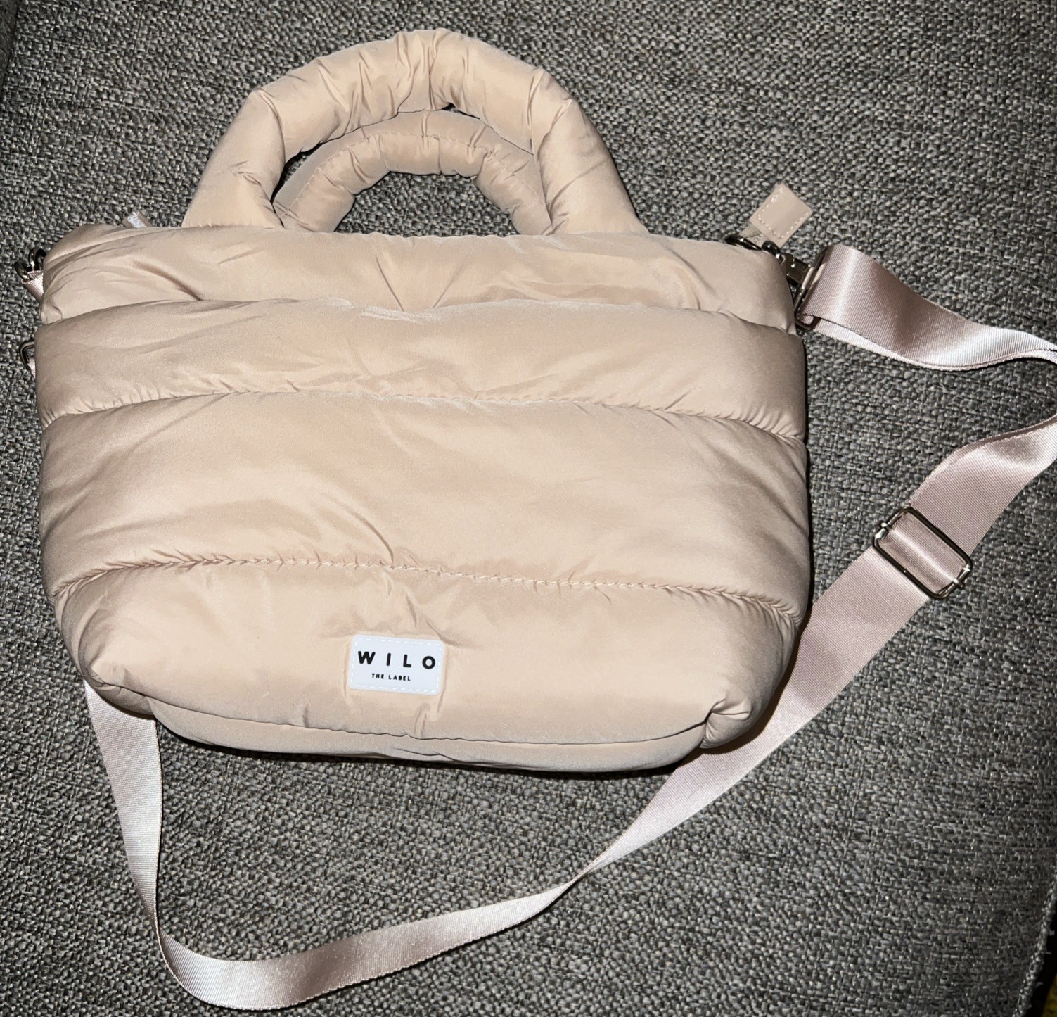 Wilo The Label Quilted Puffy Mini Tote Bag Purse Adj Taupe Shoulder Strap