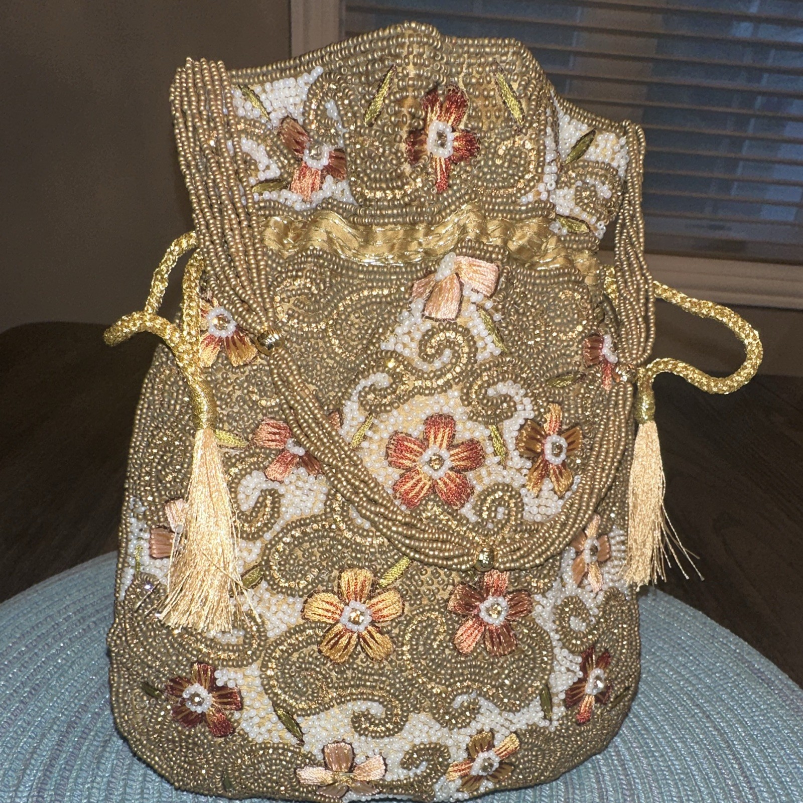 Drawstring pouch handbag Hand Embroidery-Metllic Beads White Accents