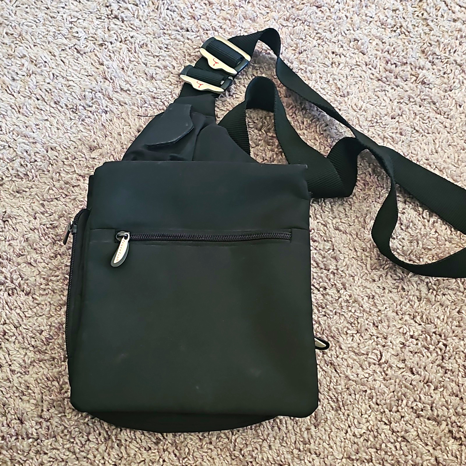 Travelon Black Crossbody Bag, Zip & Hook/Loop, Adjustable Strap, Pockets