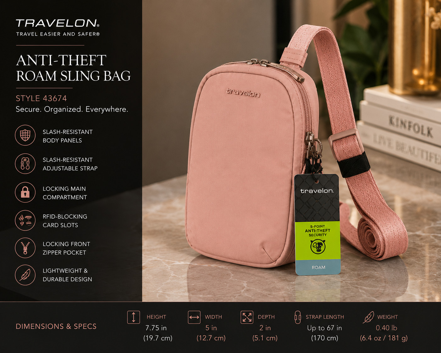 Travelon Anti-Theft Roam Sling Crossbody Bag Desert Pink RFID NWT Style 43674