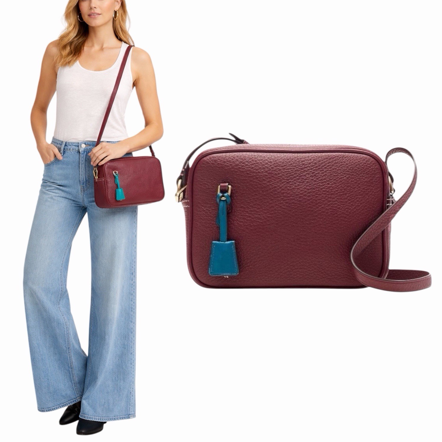 J. Crew Signet Pebble Leather Crossbody Camera Bag Burgundy Red Women