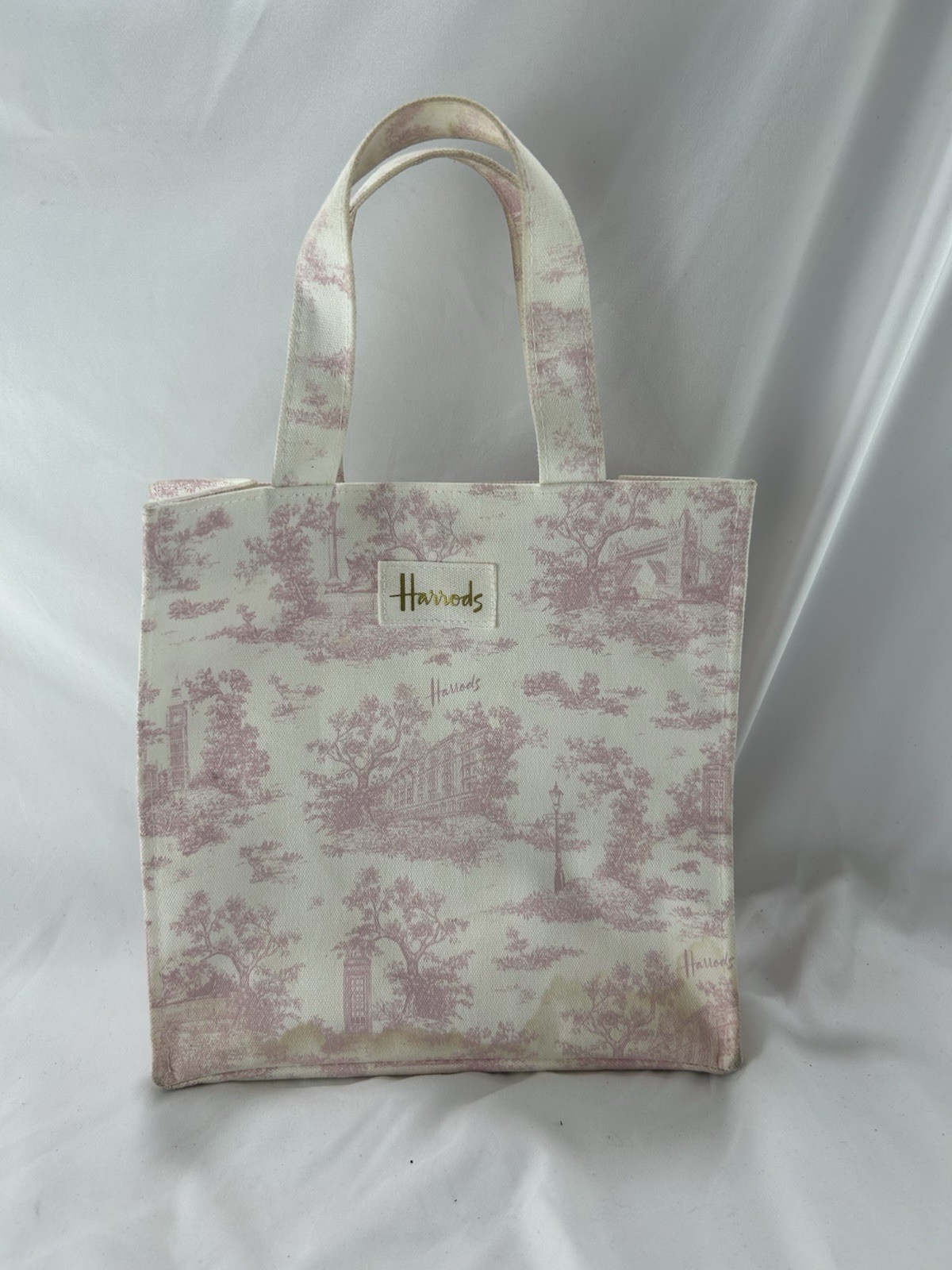 Harrods London Toile Tote Bag Pink Canvas Small Small Shopping Handbag Used