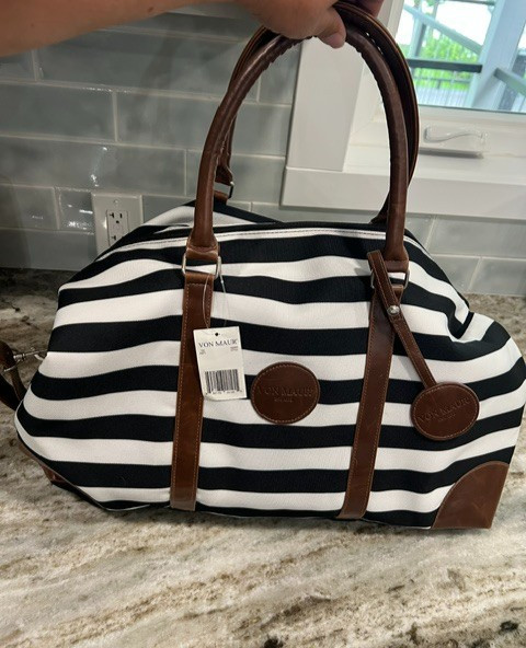 Von Maur Black White Striped 1872 Weekender Tote With Brown Leather Handles NEW