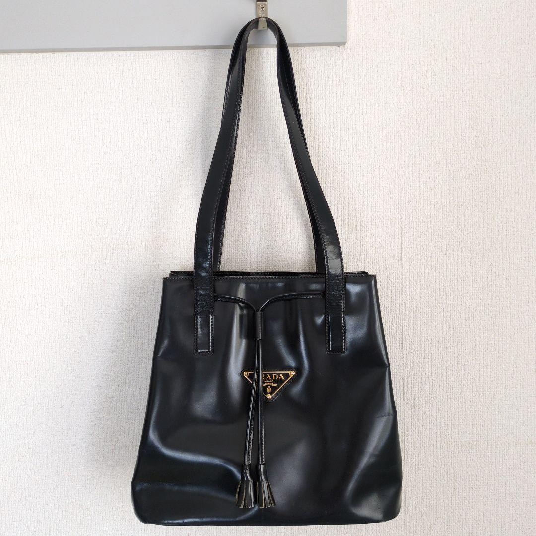 PRADA Navy Enamel Tote Bag Authentic Leather Glossy Vintage Designer