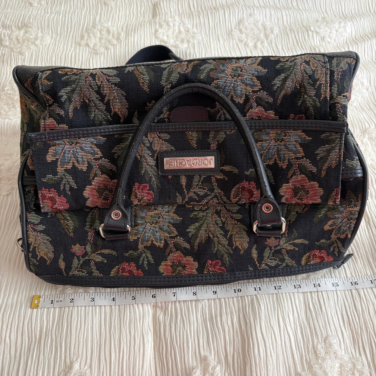 Jordache Floral Tapestry Weekender Bag Black Vtg Multi Travel Duffel Carry On