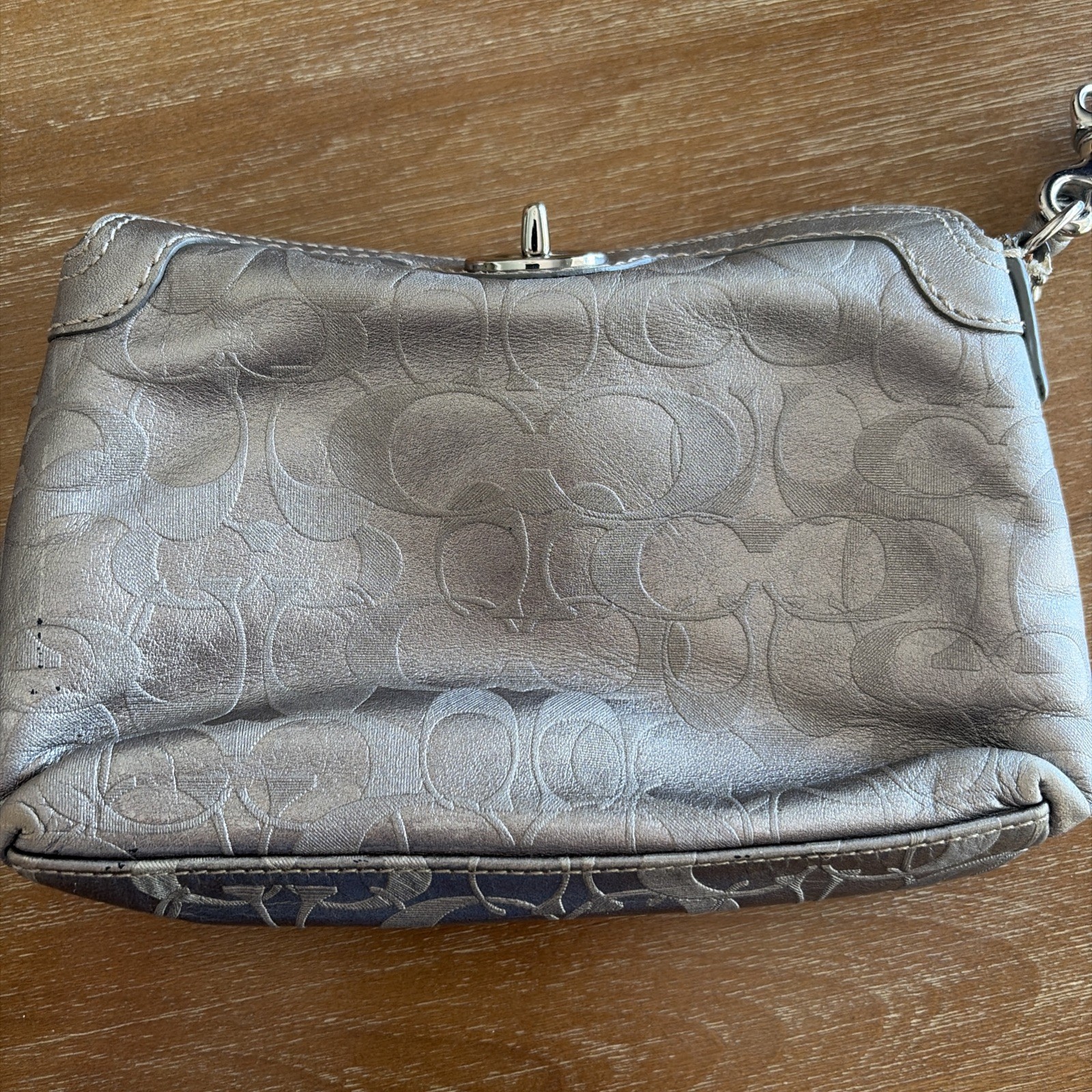 COACH Metallic Silver Jacquard Turn Lock Lurex Wristlet Baby Blue Interior