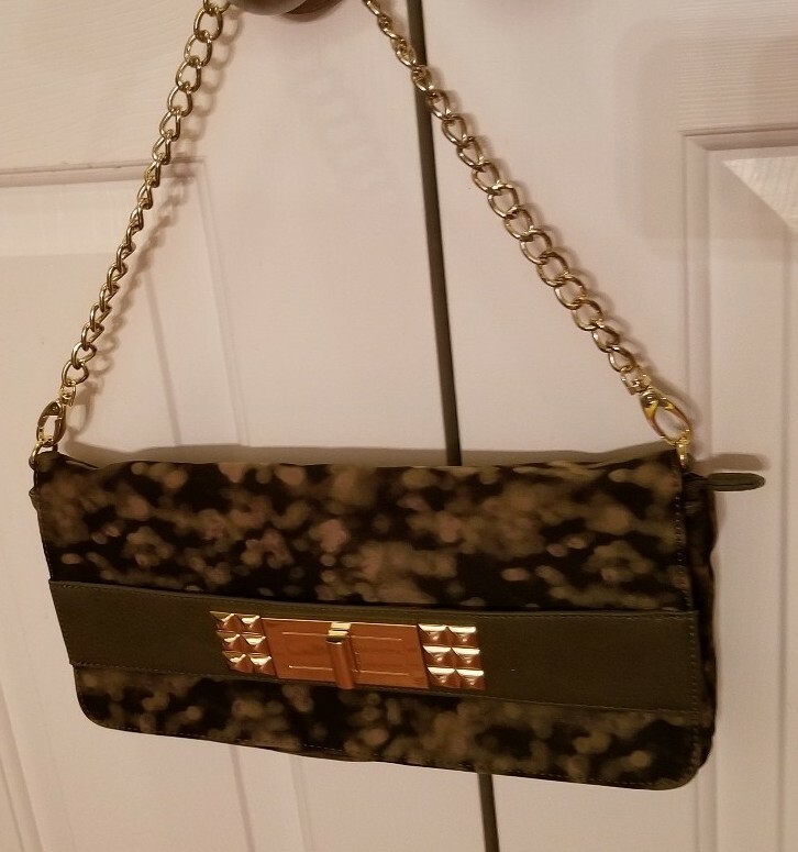 Olivia + Joy Selma Clutch Green Dot Print Back Zip Pocket Gold Hardware