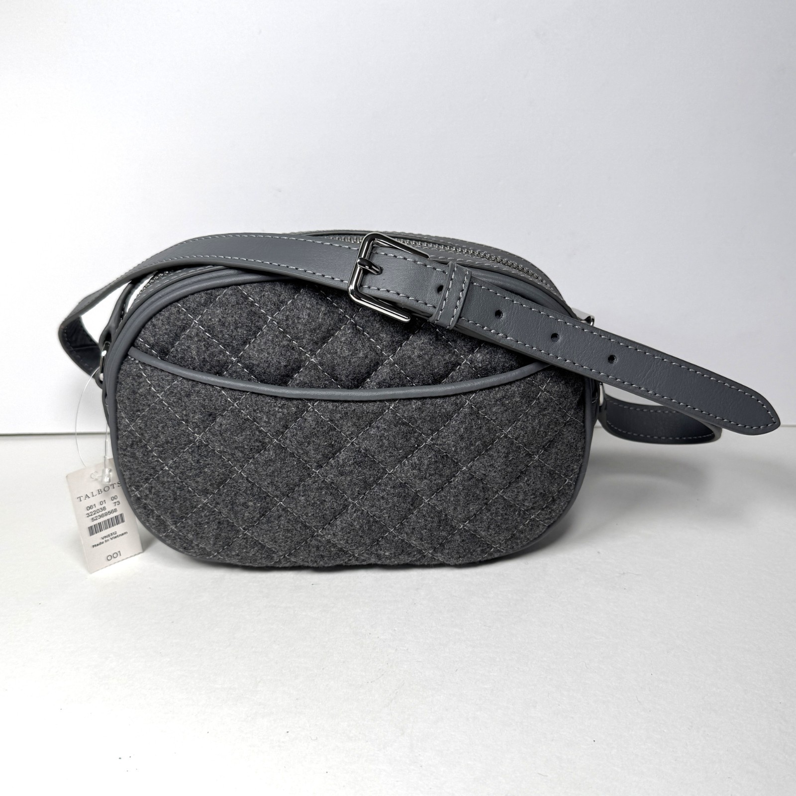 Talbots Gray Quilted Crossbody Bag, Wool Blend & Leather, Zip Closure Small NEW