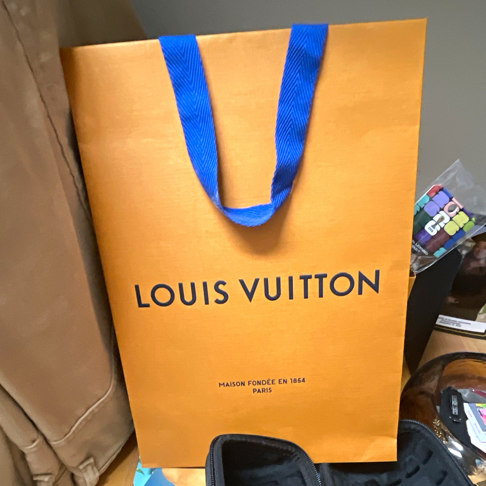 Louis Vuitton Orange Shopping Tote Bag Blue Double Handles Logo Accent Reusable